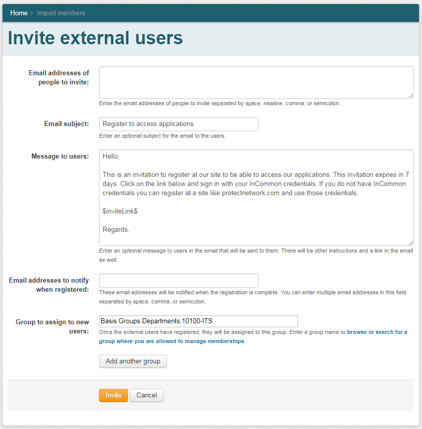 Invite External Users form