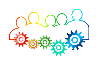 Symbolic illustration of a group of people connected by gears.